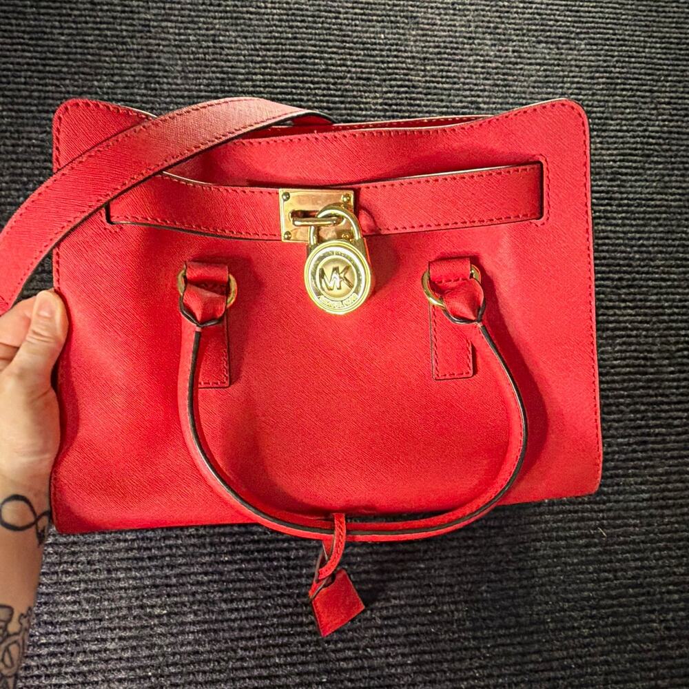 Michael Kors Hamilton Y2K Coral Saffiano Leather Satchel Bag Gold Hardware